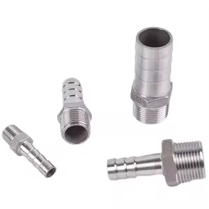 Stainless steel hose connector with threaded end for industrial fluid transfer systems