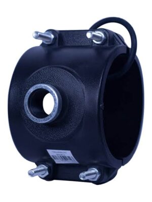 High-quality PVC saddle clamp with female threaded outlet for secure branch connections on PVC pipelines.